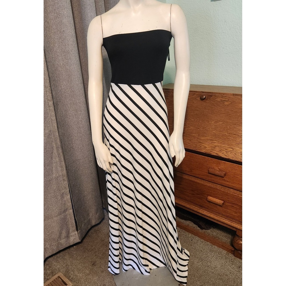 Cecico USA Size S Strapless Maxi Dress Black Top Striped Skirt Coquette Romantic